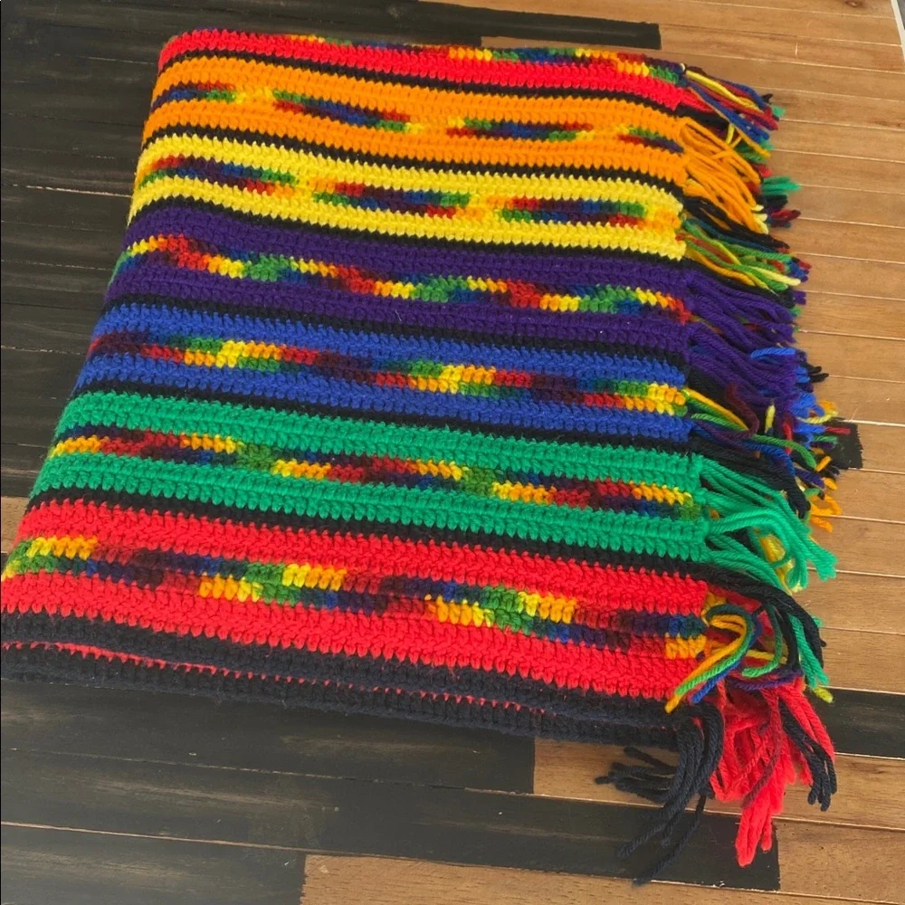 Handmade Vintage Hand-Crocheted Large Rainbow Stripe Throw Blanket 63” x 44”
